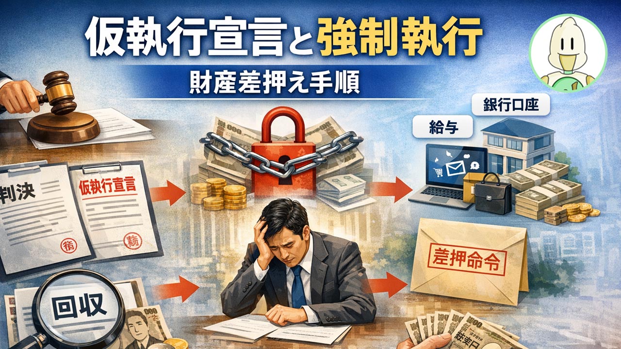 仮執行宣言と強制執行-財産差押え手順のイメージ